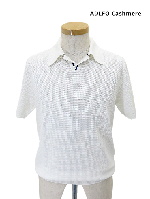 ADLFO Cashmere/アドルフォ　ワッフルポロシャツ/コットン　adl521401-ホワイト
