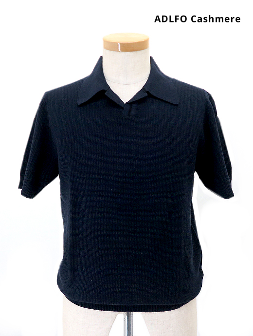 ADLFO Cashmere/アドルフォ　ワッフルポロシャツ/コットン　adl521402-ネイビー