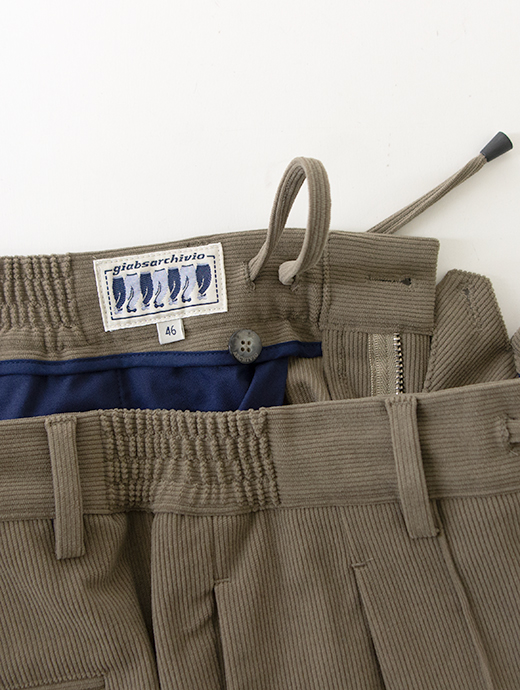 giabs ARCHIVIO/ジャブス アルキヴィオ　1プリーツイージースラックス/MASACCIO-R1/ストレッチソフトコーデュロイ　gba502001-グレイッシュカーキ
