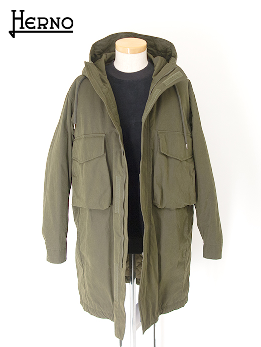HERNO/ヘルノ フーデッドコート/ワックスドコットンミックス her501802-ミリタリーグリーン