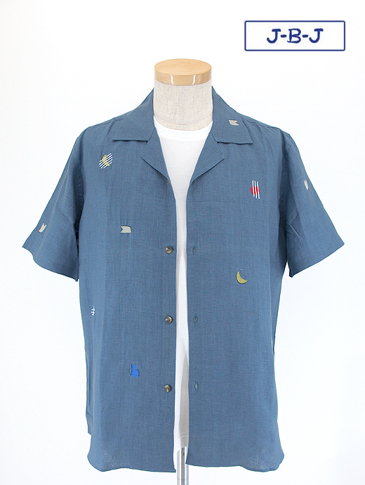 アロハシャツ オープンシャツ　Jupe by Jackie/ジュープバイジャッキー　半袖オープンカラーシャツ/リネン/刺繍　jbj400601-ブルー