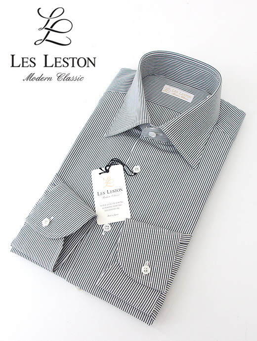 LES LESTON/レスレストン　ドレスシャツ/セミワイドカラー/ブロードストライプ　les381203-ホワイト×グレー