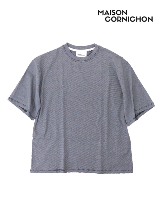 ORNICHON/メゾンコルニション　コットンクルーネックTシャツ　mcr520601-ホワイト×ブラックボーダー